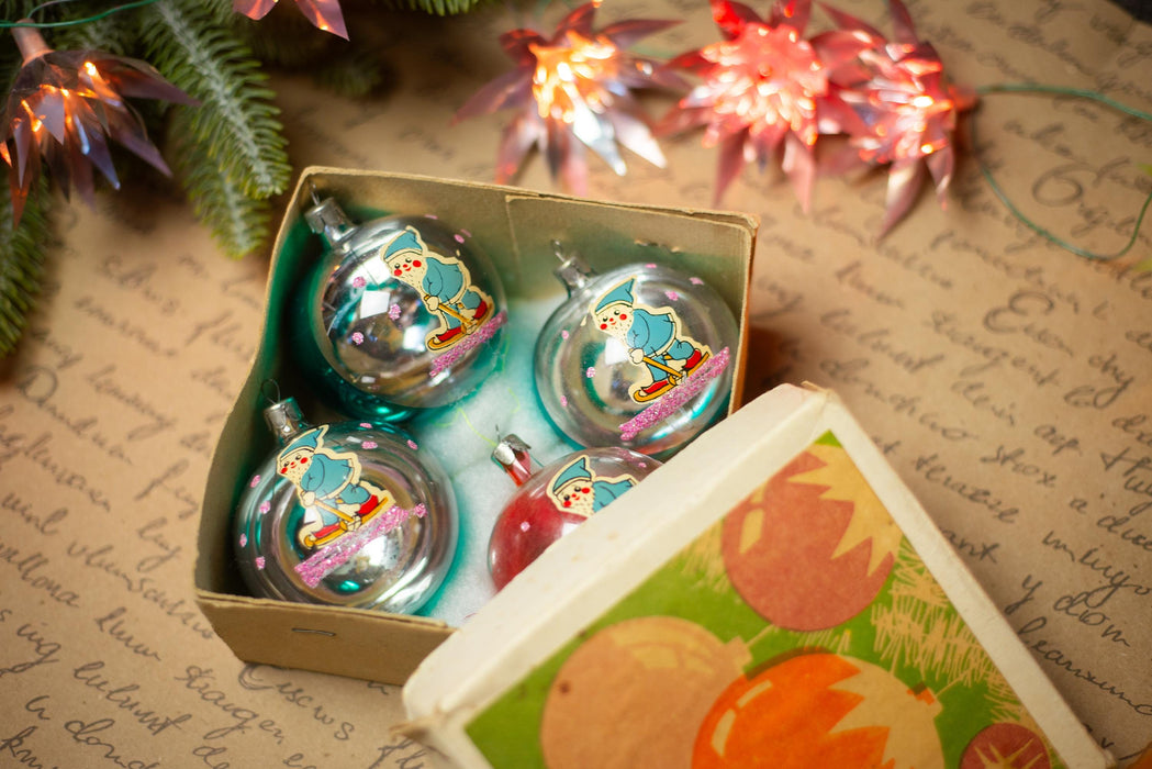Vintage Christmas Ornaments with Gnome Elves – Set of 4 in Original Box