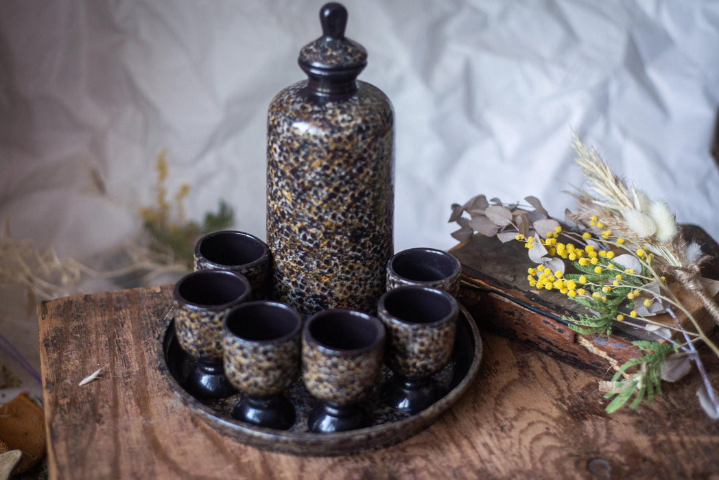 Vintage Ceramic Wine Set with Bottle, Glasses and Tray