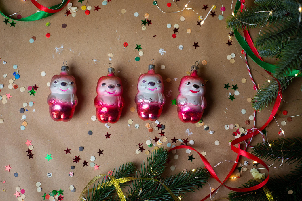 Vintage Pink Glass Bear Christmas Ornament, 1970s
