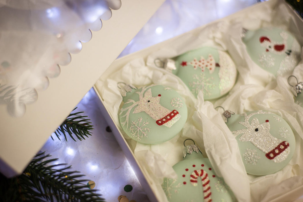 Set of 6 glass Christmas ornaments, cute Xmas tree hanging decorations