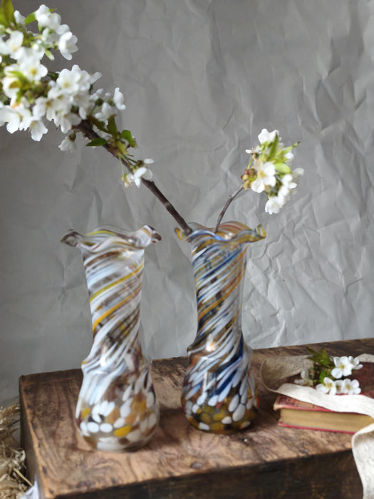 Vintage Murano Style Glass Vase, Beige Blue Art Glass, 1970s Bud Vase
