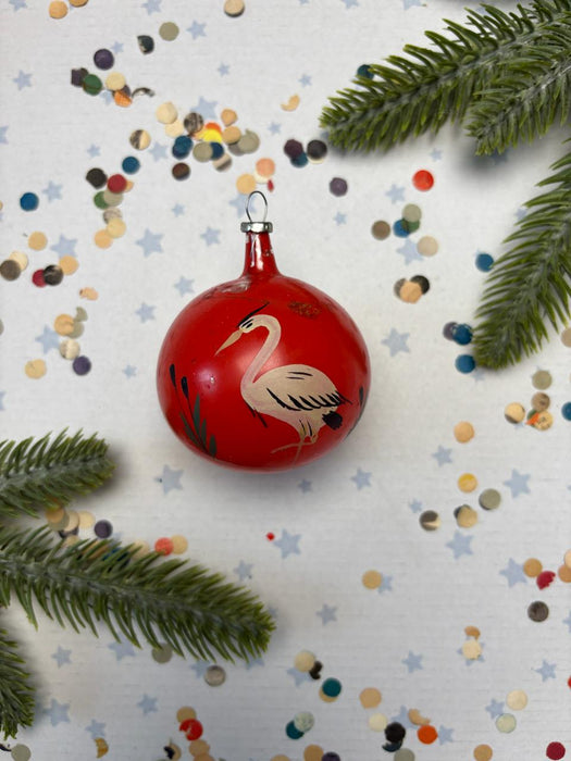 Vintage Hand-Painted Crane Glass Christmas Ornament – Red & White Bird, 7 cm / 2.76 in